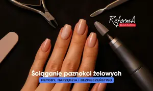 Dłonie z paznokciami żelowymi i narzędzia do ich usuwania. Czy aceton rozpuszcza żel? Dowiedz się więcej o metodach i bezpieczeństwie.