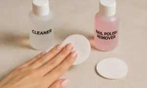 Dłoń z paznokciami w pastelowym kolorze obok buteleczek z napisem "CLEANER" i "NAIL POLISH REMOVER". Czy bazę trzeba przemywać cleanerem?