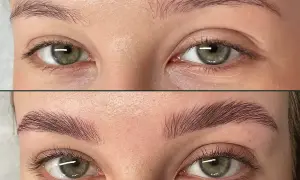 Oczy przed i po zabiegu: naturalne brwi vs. piękne, wyraziste brwi po hennie pudrowej.