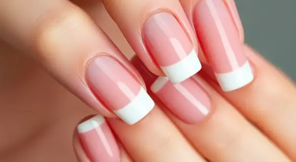 Dłonie z idealnym manicure french na beżu. Delikatny róż i biel podkreślają elegancję.
