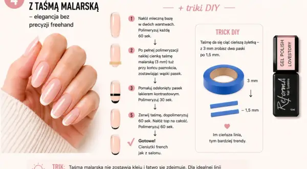 Elegancki micro french z taśmą malarską. Czy można nałożyć tylko bazę i top? Tak, dla cieniutkiej linii.