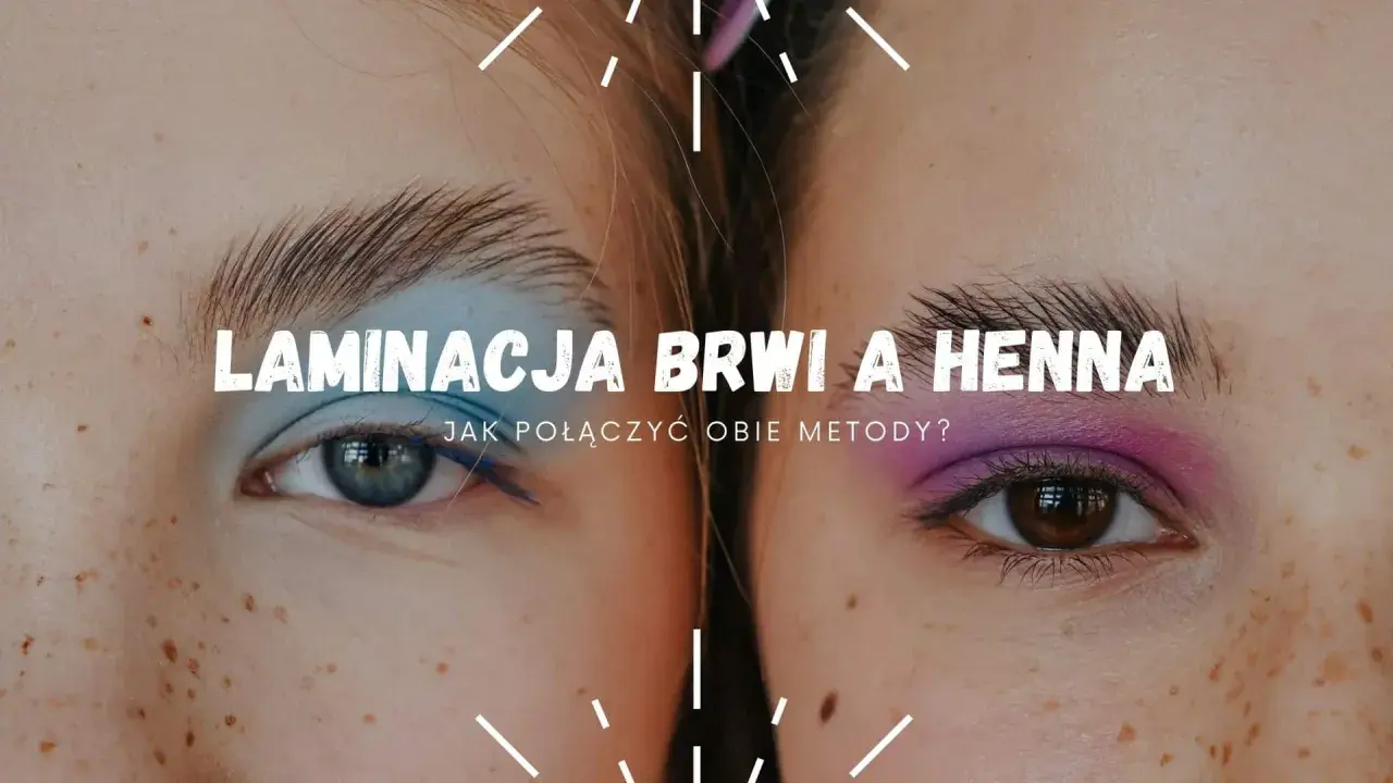 Laminacja brwi i henna – jak połączyć obie metody? Dwie pary oczu z kolorowymi cieniami i podkreślonymi brwiami.