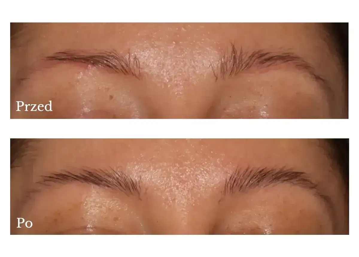 Przed i po zabiegu brwi permanentne microblading. Efekt naturalnych, gęstszych brwi.