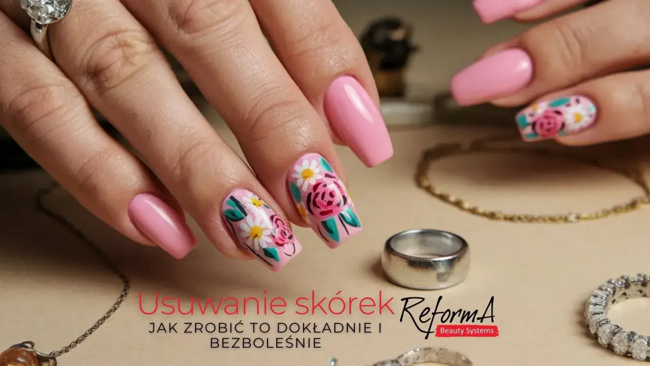 Dłonie z różowymi paznokciami i kwiatowymi zdobieniami. Tekst: 