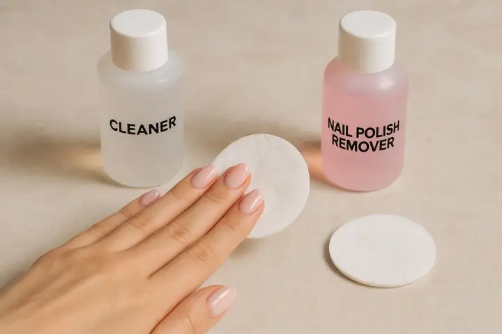 Dłoń z paznokciami w pastelowym kolorze obok buteleczek z napisem "CLEANER" i "NAIL POLISH REMOVER". Czy bazę trzeba przemywać cleanerem?